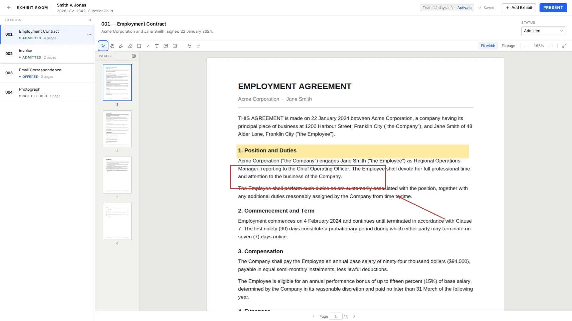 The Exhibit Room exhibit manager. Exhibits 001 to 004 are listed down the left with their status — Admitted, Admitted, Offered, Not offered. Exhibit 001, an employment contract, is open on the right with a paragraph highlighted in yellow, a clause boxed in red and an arrow pointing to it. A blue PRESENT button sits in the top right.