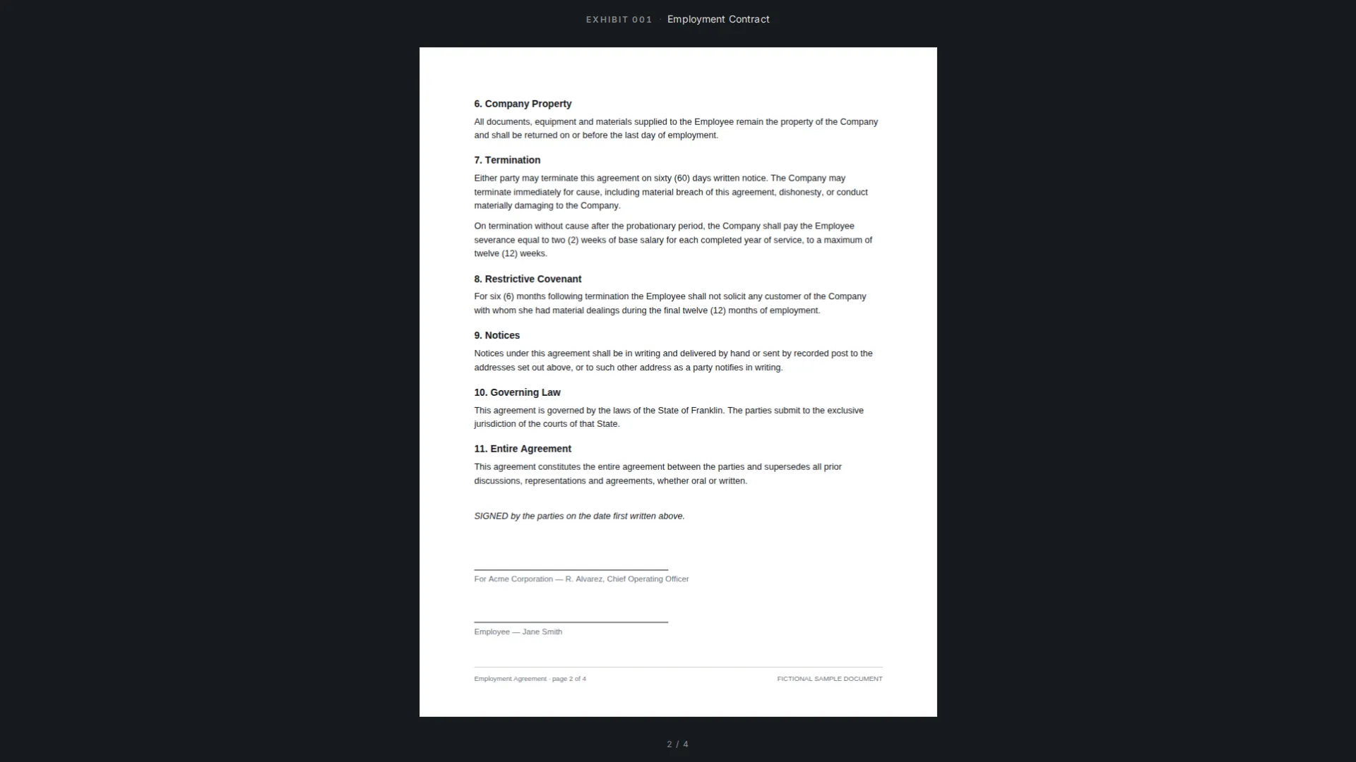 Presentation mode. The exhibit fills the screen on a dark background, headed EXHIBIT 001 — Employment Contract, with the page indicator 2 / 4 underneath. No toolbars, sidebars or menus are visible.